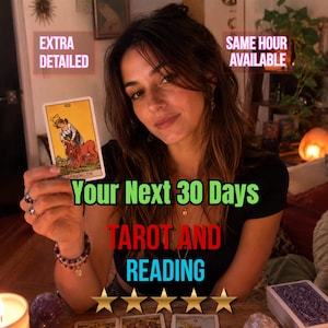 May include: A tarot card showing the Strength card with a woman and a lion, held in a hand. Text overlays read: EXTRA DETAILED, SAME HOUR AVAILABLE, Your Next 30 Days, TAROT AND READING, and five gold stars. The card features a yellow background.