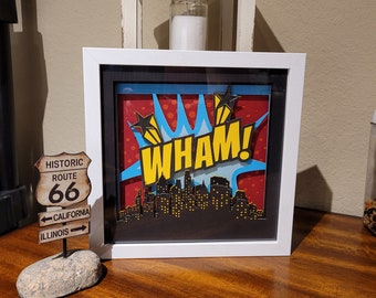 Comic Book WHAM Shadow Box, For Comic Fans, Colorful Cityscape, Super Hero Fan, Birthday, Christmas, Unique Gift for that Hard to Buy person