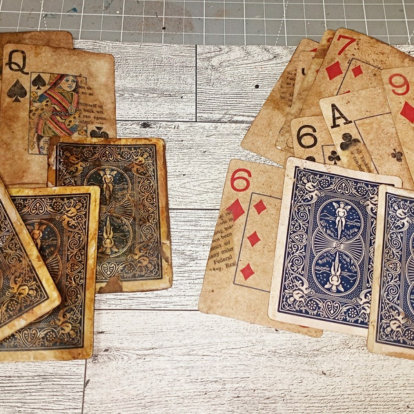 Distressed Playing Cards x2 - Decoupaged with used Coffee Filters, Vintage look, Embellishments, Grungy, or regular, Junk Journal Ephemera,