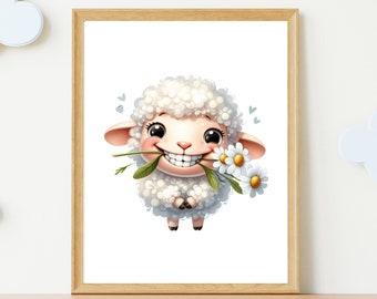 Sunny Sheep: Charming Nursery Wall Art Print | Floral Digital Download for Kids Room Decor - Perfect Gift Idea