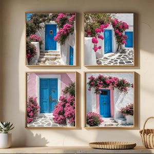 Greek Blue Door Wall Art Set, Bougainvillea Summer Printable, Greece Door Print Set of 4, Santorini Digital Download, Mediterranean Art