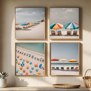 Printable Beach Umbrella Wall Art Set of 4 – Coastal Summer Decor, Holiday Home Photography, Digital Ocean Print Set