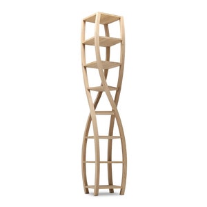 May include: A wooden bookshelf with a unique, curved design. The shelves are arranged in a staggered pattern, creating a visually interesting and functional piece of furniture.