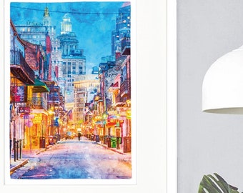 French Quarter New Orleans Wall Art – Colorful Street Scene, Wrought Iron Balconies, Neon Signs, Southern Charm Decor, Louisiana Poster