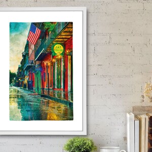 New Orleans French Quarter Wall Art – Rainy Street Scene, Neon Signs, Historic Architecture, Southern Charm Travel Print, Wall Decor Poster
