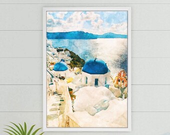 Santorini Greece Islands Wall Art – Blue Domes & Whitewashed Houses, Coastal Cityscape, Mediterranean Architecture Travel Print