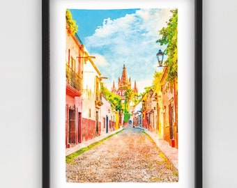 San Miguel de Allende Wall Art – Colonial Street Scene, Parroquia Church Print, Mexican Architecture & Cultural Decor, Digital Print gift