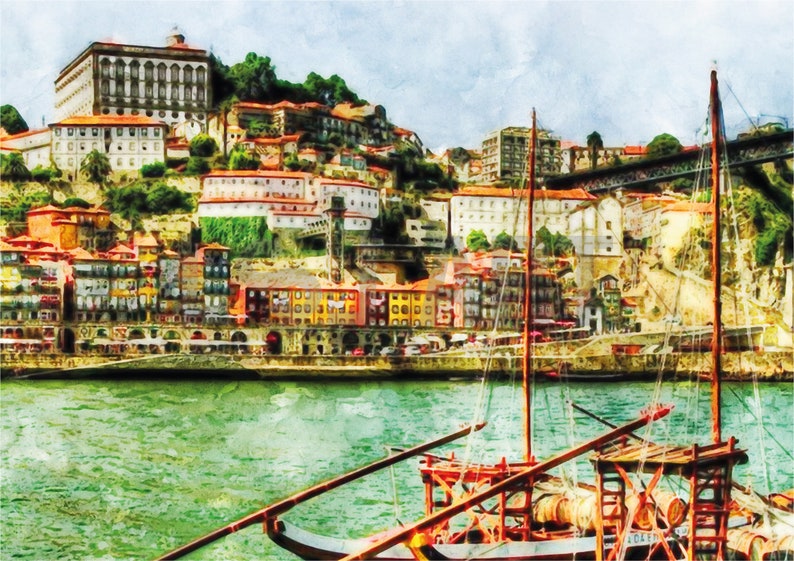 Capture the charm of Porto's Ribeira district with this printable watercolor art. Showcasing the iconic colorful facades along the Douro River and the historic atmosphere of this UNESCO World Heritage Site, this digital wall art adds a touch of Portuguese elegance to your home or office. As an instant download, it’s easy to print and display, celebrating the beauty and culture of Porto in a unique and artistic way