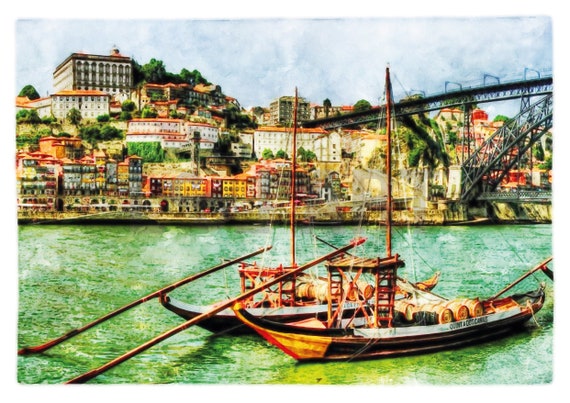 Porto Portugal Wall Art – Rabelo Boats on Douro River, Historic Cityscape, Dom Luís I Bridge, Colorful Architecture Print-  Ribeira Gaia