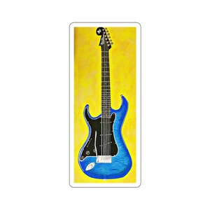 May include: A blue electric guitar with a black pickguard and a yellow background.