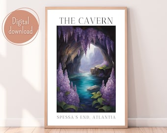 May include: A framed art print titled "THE CAVERN" depicts a serene cave scene with a turquoise lake and purple flora. The artwork includes the text "SPESSA'S END, ATLANTIA" at the bottom. A digital download is available.