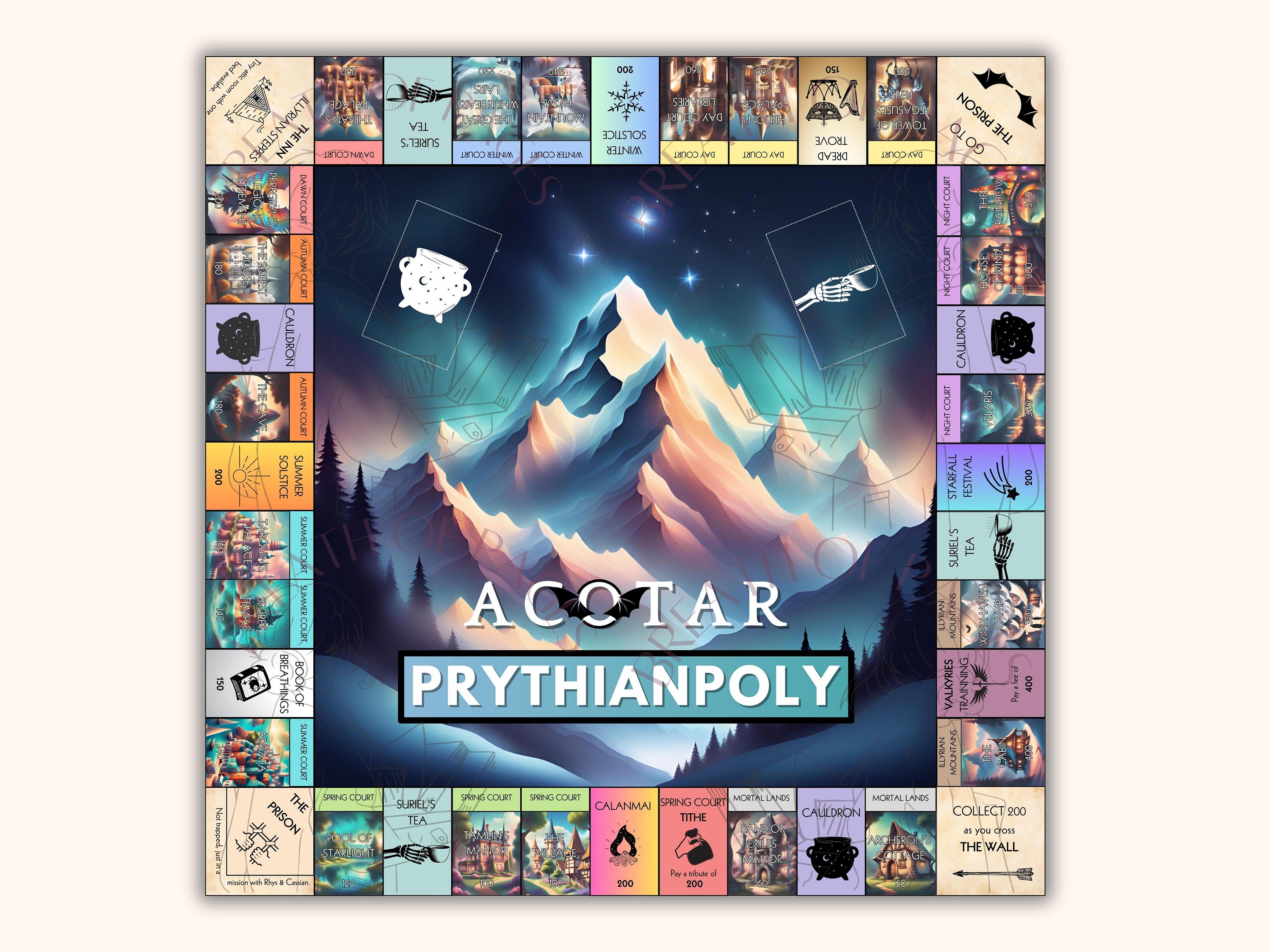 Prythianpoly, an ACOTAR Board Game Inspired in A Court of Thorns and Roses  Sarah J Maas Feyre Rhys Velaris Nesta Cassian Azriel ACOMAF ACOSF 