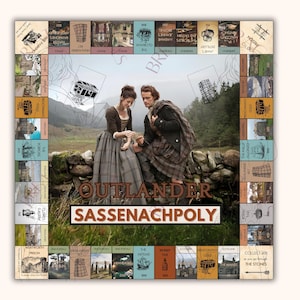 May include: A board game based on the Outlander TV series, called "Outlander Sassenachpoly". The game board features images from the show, including the characters Claire and Jamie, and locations like the Highlands and the stones. The game board is made of cardboard and has a brown and white colour scheme.