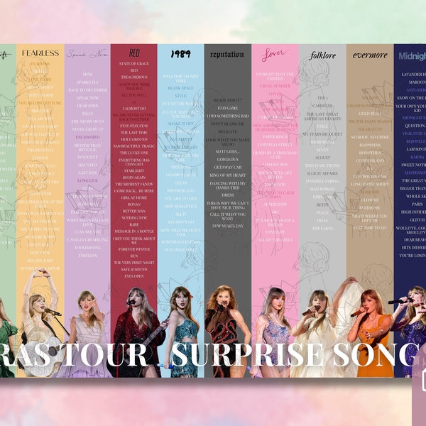 Eras Tour Surprise Song Tracker Liste d'albums de Taylor Swift + signet gratuit | Réputation Amoureux de minuit Folklore Toujours plus courageux TTPD