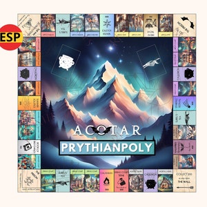 Op de afbeelding: Een bordspel met een fantasiethema genaamd "ACOTAR Prythianpoly". Het spelbord toont een berglandschap met verschillende locaties en illustraties. De titel is prominent aanwezig en het ontwerp is kleurrijk en gedetailleerd.