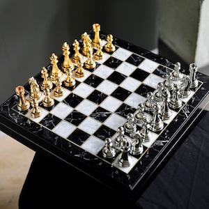 Large Customize Wooden Marble Patterned Chess Set, Chess Board Sets with Copper Chess Pieces, Chess Set Handmade,Retirement Gift for Husband