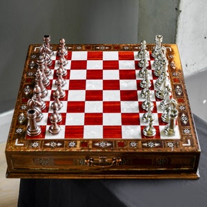 Decorative Chess Set, 15&quot; Handmade Anniversary Gift Luxury Chess Set, Personalized Wooden Chess Board with Metal Chess Pieces Birthday Gift
