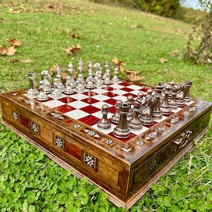 15′′ Luxury Handmade Birthday Gift Chess Set, Personalized Wooden Chess Board with Storage Metal Chess Piece, Decorative Chess for New Home