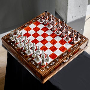 15&quot; Luxury Handmade Chess Set, Personalized Wooden Chess Board with Storage Metal Chess Pieces, Decorative Chess Set, Chess Set Gift for Dad