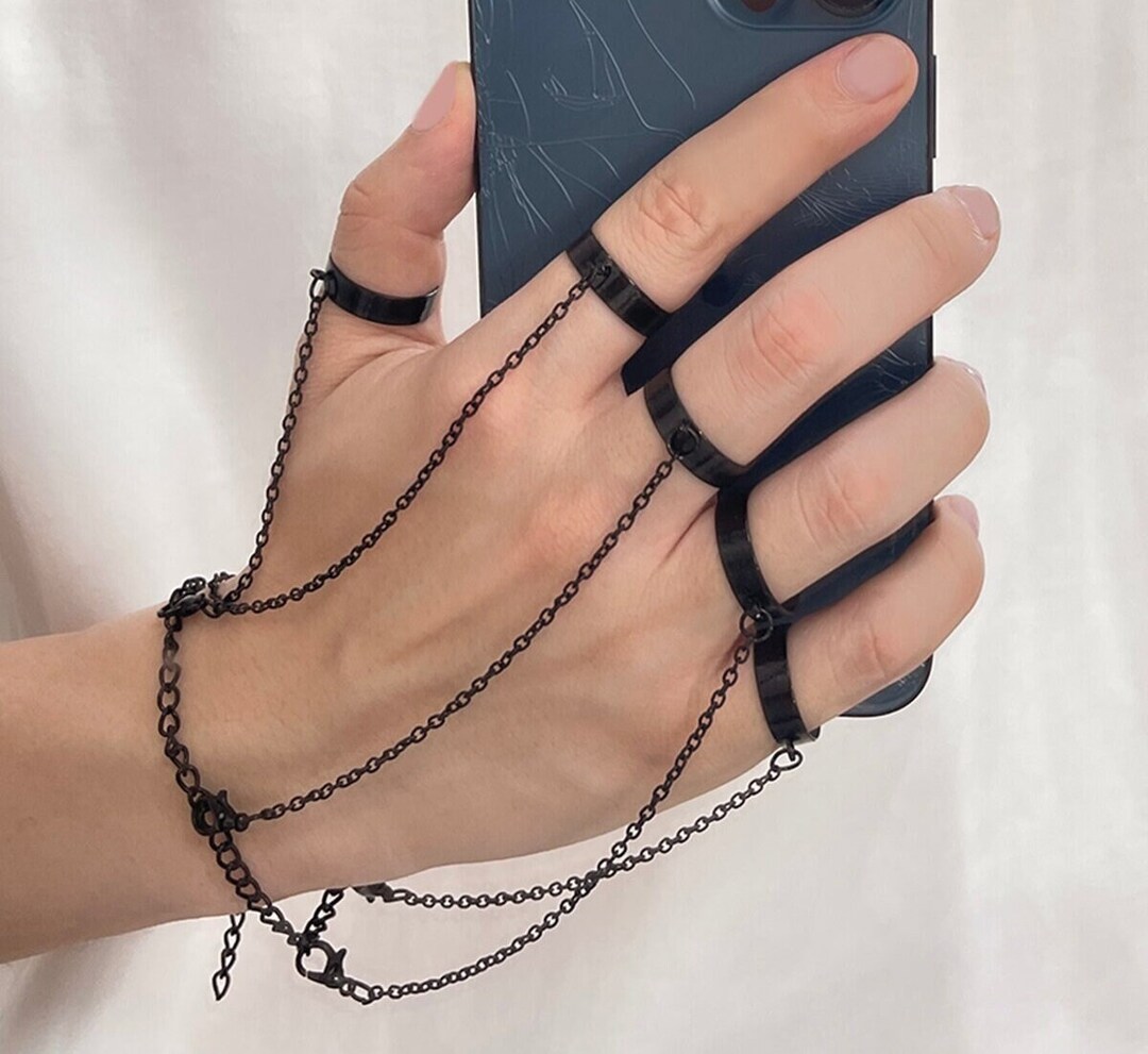 Black Five Finger Hand Chain Ring Bracelet Connected Chain Etsy