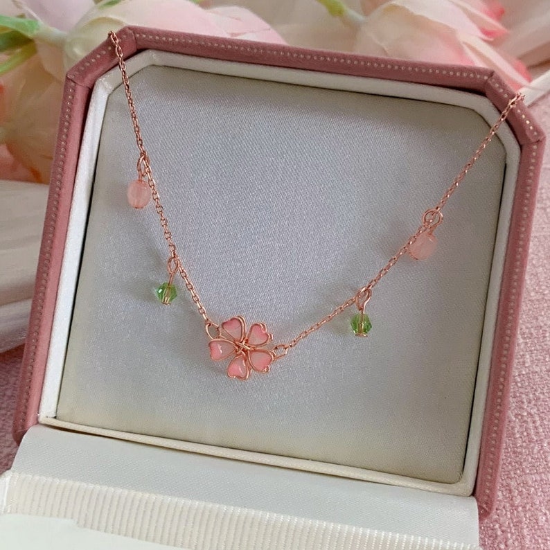Sakura Flower Necklace Cherry Blossoms Flower Adjustable Etsy
