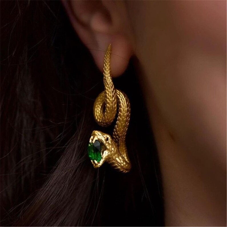 Snake Drop Earrings golden Nano Lab Emerald Snake Earrings Etsy