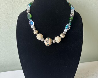 Elegant White Blue and Green Beaded Necklace