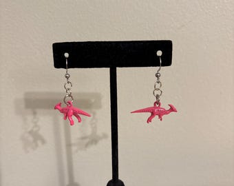 Pink Parasaurolophus Dinosaur Drop Earrings