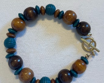 Brown and Blue Wood Beaded Interlocking Bracelet