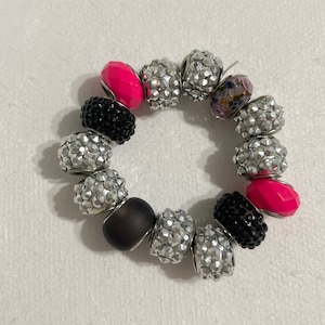 Pink, Black, and Silver Kids Beaded Stretchy Bracelet