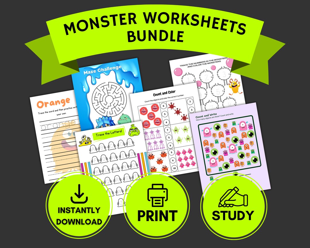 Monster Preschool Worksheets Bundle Printable Homeschool Etsy