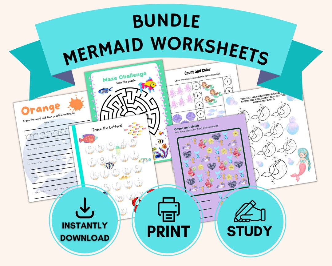 Mermaid Worksheets for Kids Printable Workbook for Preschool Mermaid ...