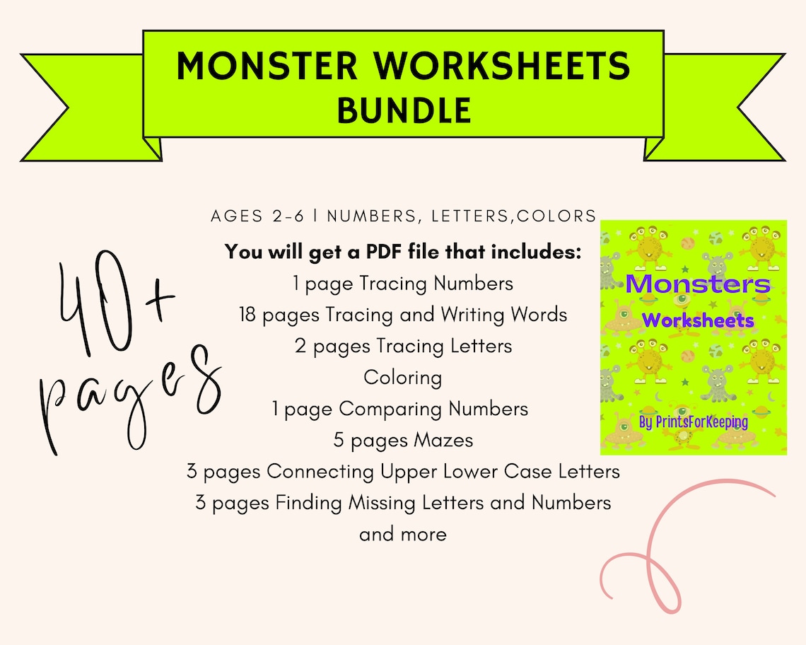 Monster Preschool Worksheets Bundle Printable Homeschool - Etsy