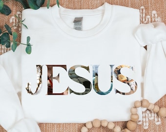Jesus Crewneck: crown of thorns, water into wine, open tomb, Jesus walks on water, fish and loaves, Christian Graphic Tee, Gift for Him/Her