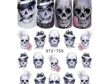 Halloween nail decals, Skull nail art, black gothic nails