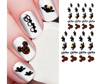 Halloween nail decals, Mickey Mouse bat nail art, black gothic nails