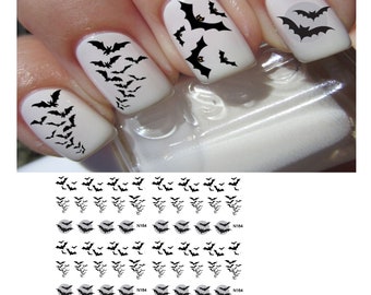 Halloween nail decals, bat nail art, black gothic nails