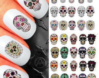 Halloween nail decals, sugar skull nail art, black gothic nails, set 3