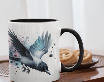 Raven Coffee Mug, drinkware, Watercolour tea cup, custom name mug