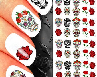 Halloween nail decals, sugar skull nail art, roses, black gothic nails, set 4