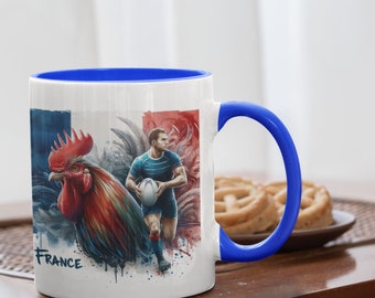 French Rugby coffee mug, France Gallic Rooster watercolour