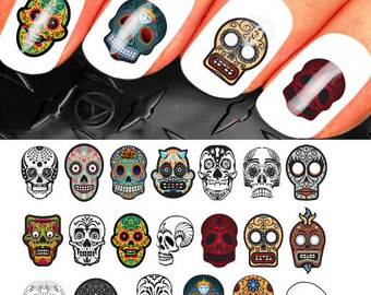 Halloween nail decals, sugar skull nail art, black gothic nails, set 1