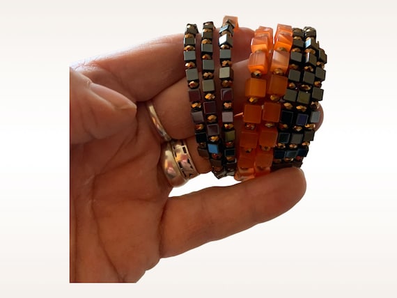 Handcrafted Memory Wire Salmon & Grey Bead Wrap C… - image 1