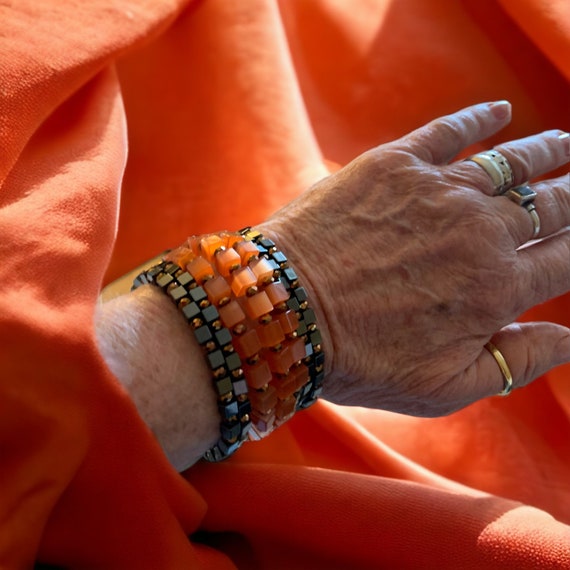 Handcrafted Memory Wire Salmon & Grey Bead Wrap C… - image 2