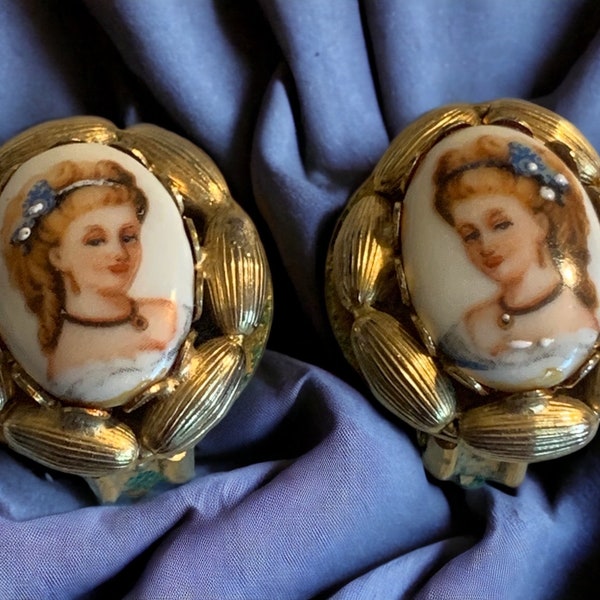 Vintage Handpainted Enamel  Victorian Style Portraits of a Lady Clip-on Earrings