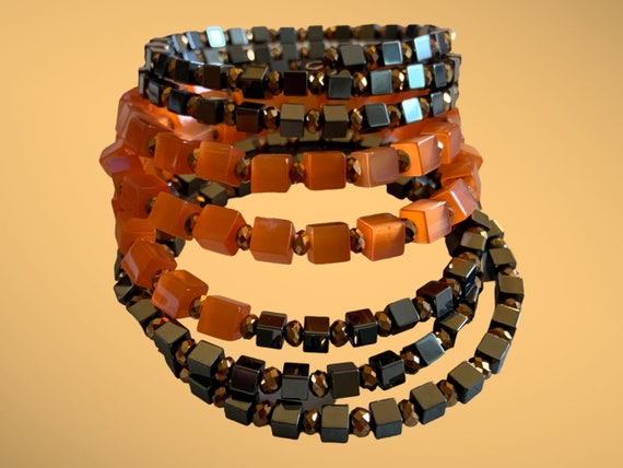 Handcrafted Memory Wire Salmon & Grey Bead Wrap C… - image 5