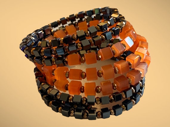 Handcrafted Memory Wire Salmon & Grey Bead Wrap C… - image 3