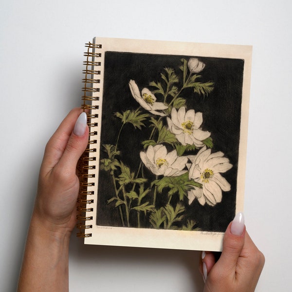 Vintage Drypoint Flower Print Journal 6x8in | Lined or Blank | 80 pages | Gold Spiral Binding