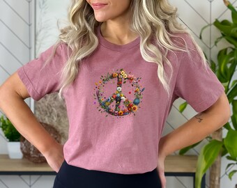 Floral Peace Symbol Shirt for Nature Loving Women, Hippie Boho Gift