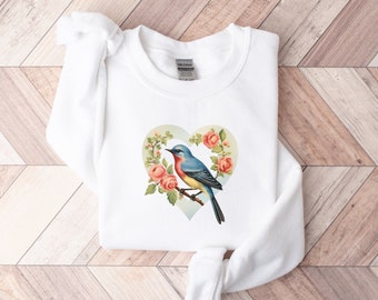 Colorful Botanical Bird Hoodie, Gift for Bird Lovers, Unique Flower Heart Tee